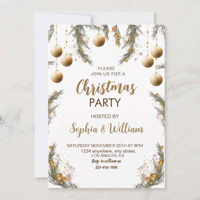 Invitation Gold Christmas Baubles Festive Party (Devant)