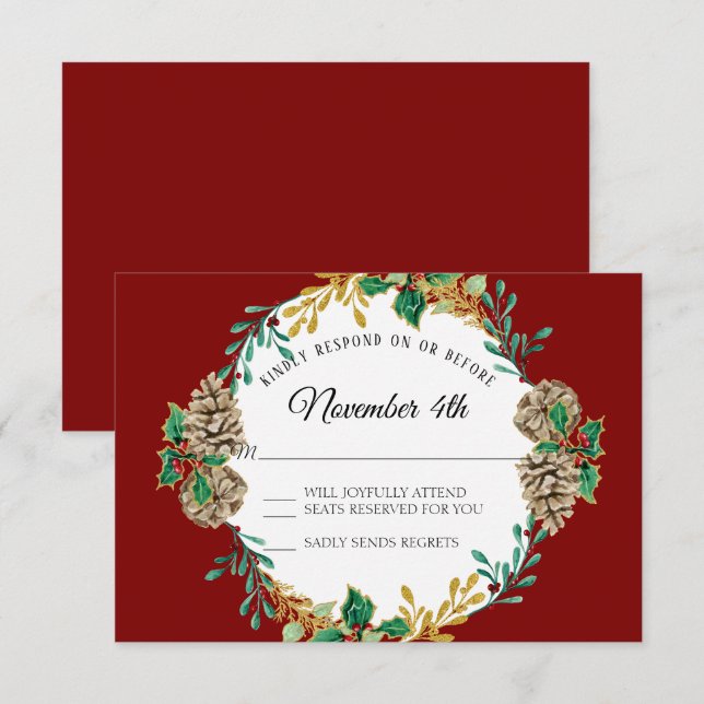 Invitation Gold Christmas RSVP Red Holly Pine Cone Wreath (Devant / Derrière)