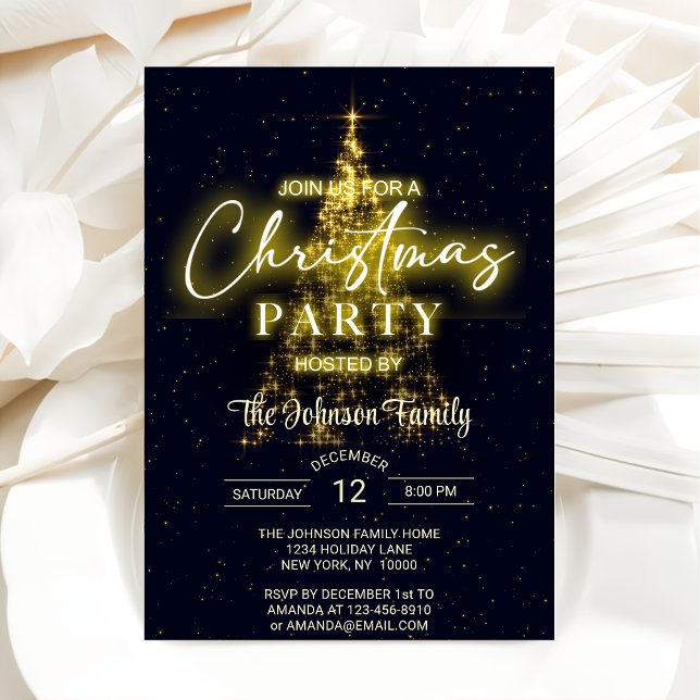 Invitation Gold Christmas Tree Black Christmas Party (Créateur téléchargé)