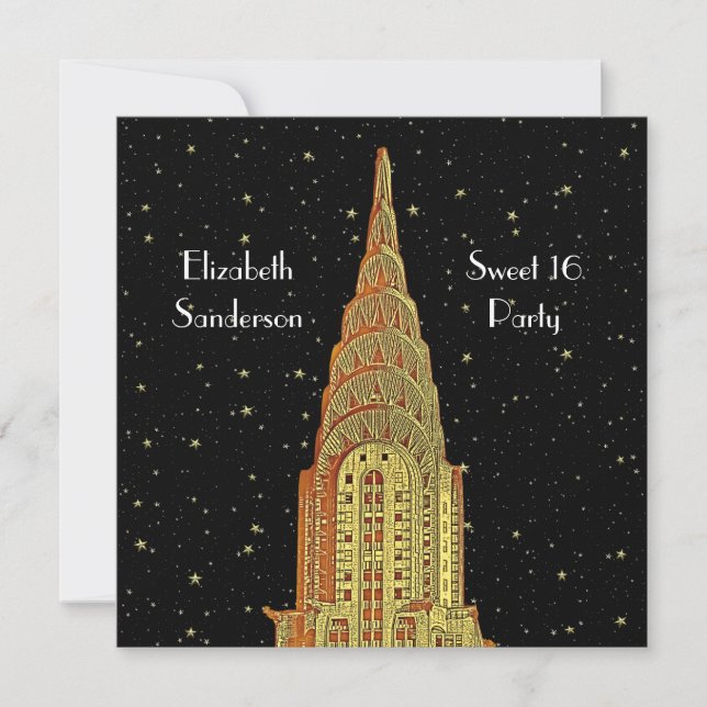 Invitation Gold Chrysler Bldg Skyline #2 Starry Sweet 16 SQ (Devant)