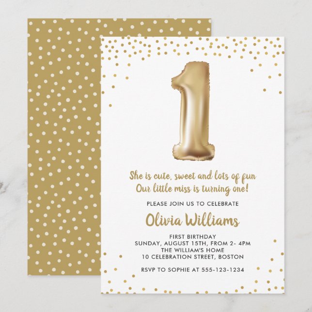 Invitation Gold Confetti 1er anniversaire | Premier anniversa (Devant / Derrière)