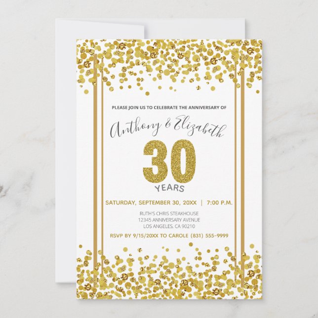 Invitation Gold Confetti, 30e anniversaire de Parties scintil (Devant)