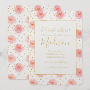 Invitation Gold Confetti Aquarelle rose Rose Anniversaire