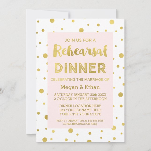 Invitation Gold Confetti Blush Pink Rehearer Dîner (Dos)