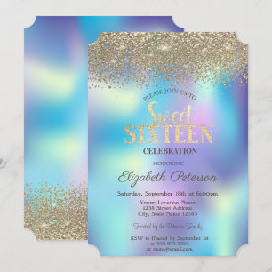 Invitation Gold Confetti Diamants Blue Holographic Sweet 16