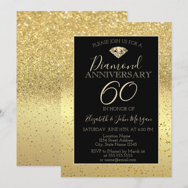 Invitation Gold Confetti Diamond Parties scintillant Annivers (Devant / Derrière)