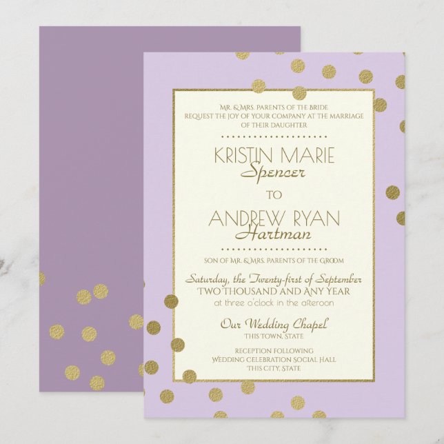 Invitation Gold Confetti Dots Lavender Mariage de célébration (Devant / Derrière)