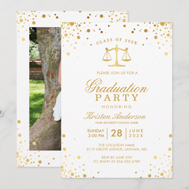 Invitation Gold Confetti Dots Law School Graduation Party (Devant / Derrière)