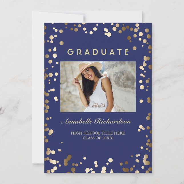 Invitation Gold Confetti Dots Marine Élégant diplôme photo (Devant)