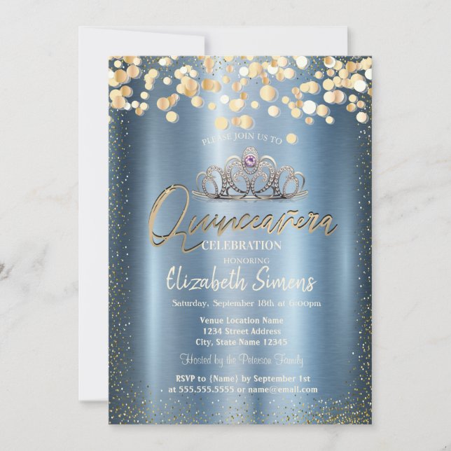 Invitation Gold Confetti Dots,Tiara Blue Metallic Quinceañera (Devant)