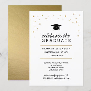 Invitation Gold Confetti et Casquette Modern Graduation Invit