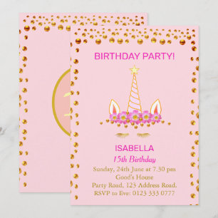 Invitation Gold Confetti et Unicorn sur rose 15e anniversaire