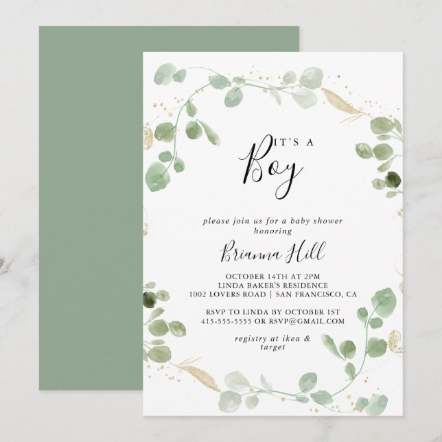 Invitation Gold Confetti Eucalyptus C'est un Baby shower garç (Devant / Derrière)