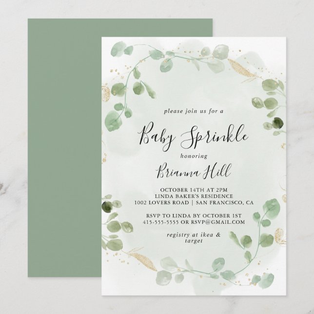 Invitation Gold Confetti Eucalyptus Foliage Bébé Parsemer (Devant / Derrière)
