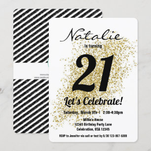 Invitation Gold Confetti Fille noire et blanche Anniversaire