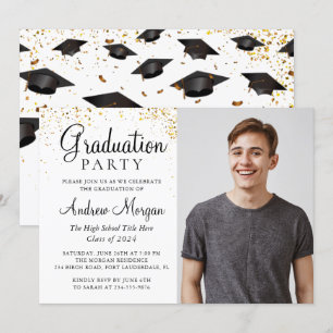 Invitation Gold confetti Graduate Caps Photo