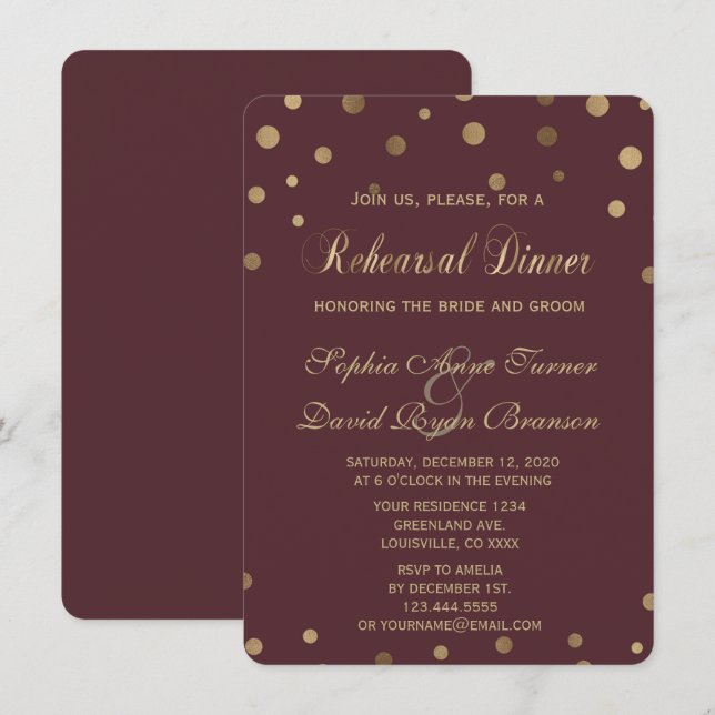 Invitation Gold Confetti Love Dîner de répétition en Bourgogn (Devant / Derrière)