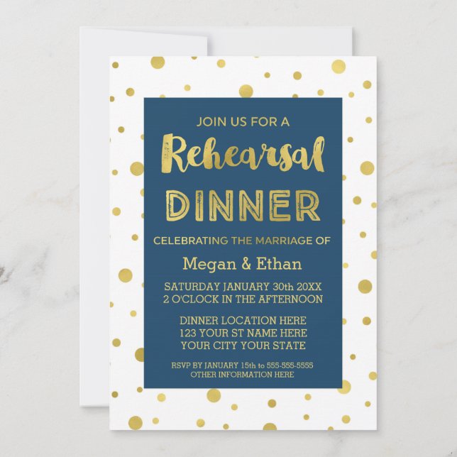 Invitation Gold Confetti Marine Bleu Rehearsparty (Dos)
