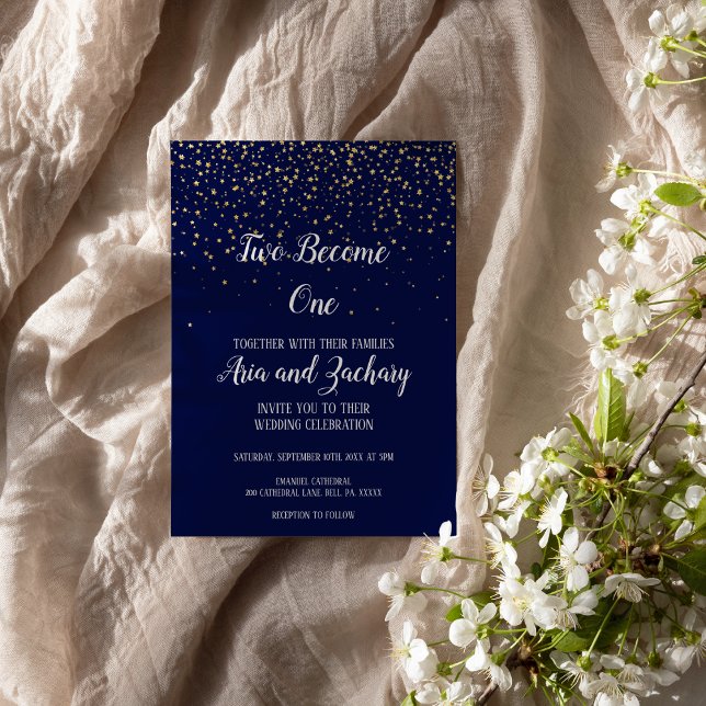 Invitation Gold Confetti|Navy Two Devenez un Mariage (Créateur téléchargé)