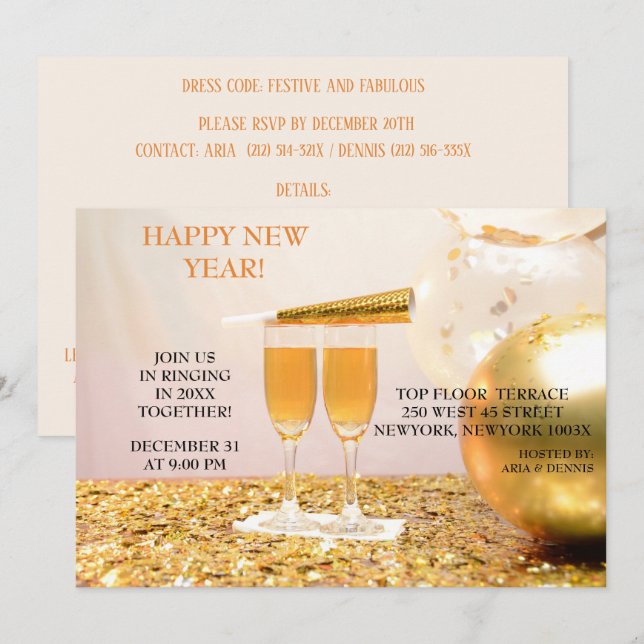 Invitation Gold Confetti Nouvel An Champagne Flutes (Devant / Derrière)