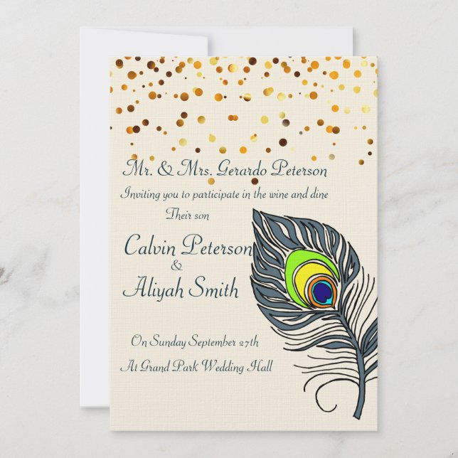 Invitation Gold Confetti Peacock Feathes Mariage (Devant)