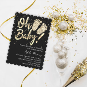 Invitation Gold Confetti Pieds Baby shower Script noir blanc
