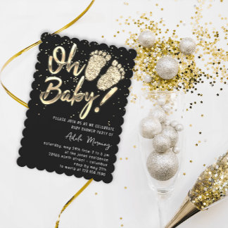 Invitation Gold Confetti Pieds Baby shower Script noir blanc