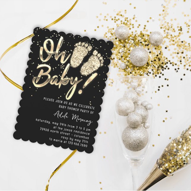 Invitation Gold Confetti Pieds Baby shower Script noir blanc (Gold Confetti Feet Baby Shower Script Black White Invitation)