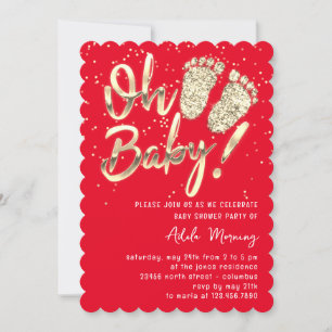Invitation Gold Confetti Pieds Baby shower Script Rouge