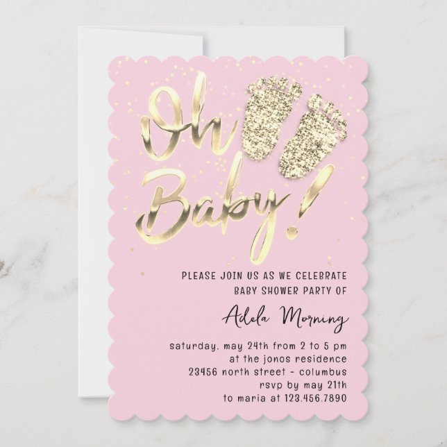 Invitation Gold Confetti Pieds bébé fille douche Script rose (Devant)