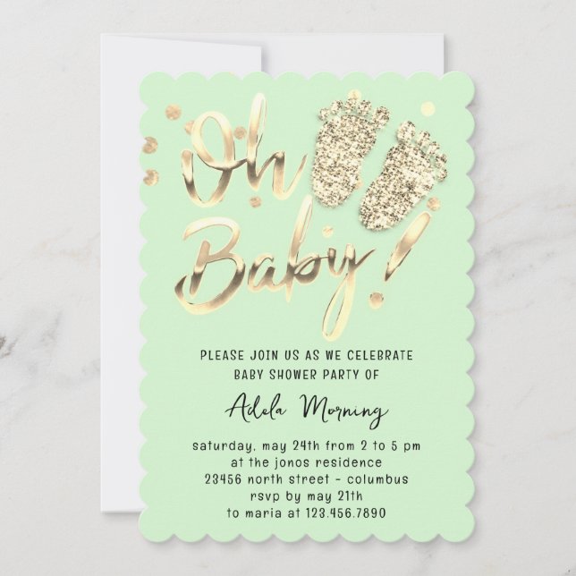 Invitation Gold Confetti Pieds bébé fille garçon douche Mint  (Devant)