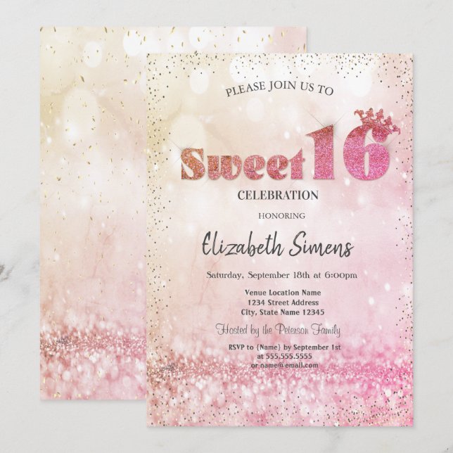 Invitation Gold Confetti Princess Bokeh Sweet 16 (Devant / Derrière)