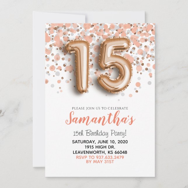 Invitation Gold Confetti Rose 15e anniversaire (Devant)