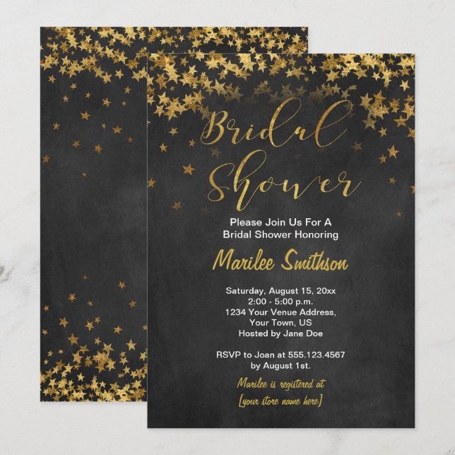 Invitation Gold Confetti Stars Chalk Board Fête des mariées (Devant / Derrière)