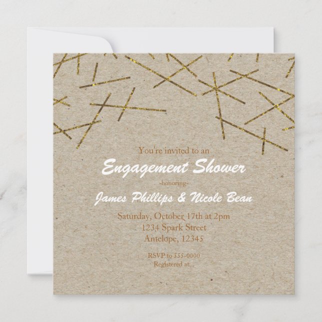 Invitation Gold Confetti Sticks Rustic Kraft Célébration (Devant)