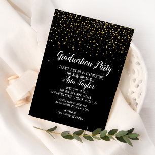 Invitation Gold Confetti sur Black Graduation Party