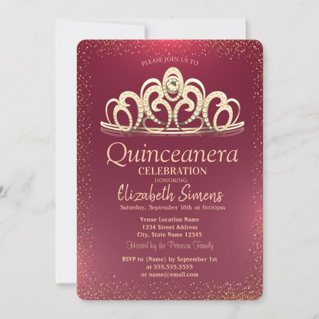 Invitation Gold Confetti Tiara Burgundy Quinceañera (Devant)