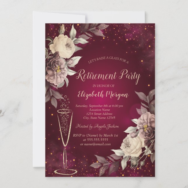 Invitation Gold Confetti Vin Verre Blush Retraite Rose (Devant)