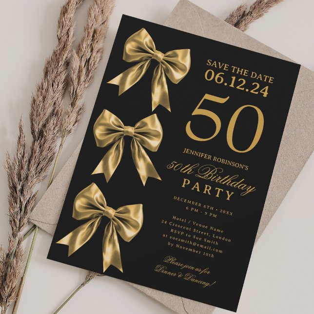 Invitation Gold Coquette Bow Save The Date 50th Birthday  (Gold Coquette Bow Save The Date 50th Birthday Invitation)