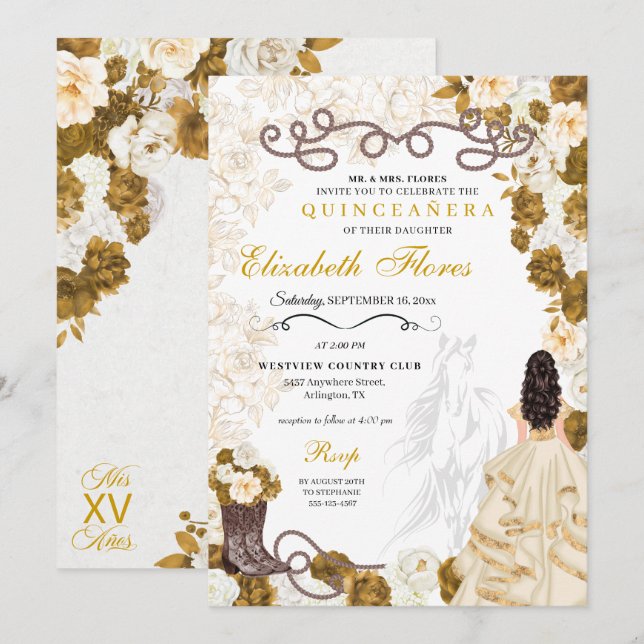 Invitation Gold Cowgirl Charro Western Quinceañera (Devant / Derrière)