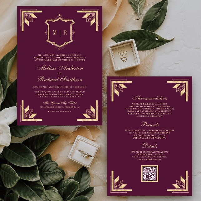 Invitation Gold Crest Monogram QR Code Plum Purple Wedding (Créateur téléchargé)