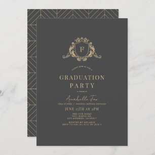 Invitation Gold Crest Monogramme gris foncé Graduation