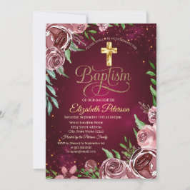 Invitation Gold Cross Baptême Rose de Bourgogne