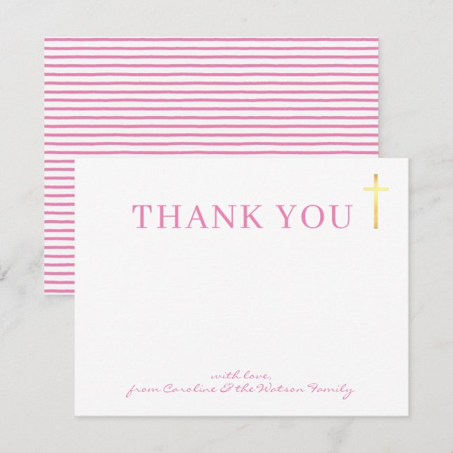 Invitation GOLD CROSS moderne saint baptême fille rose merci (Devant / Derrière)