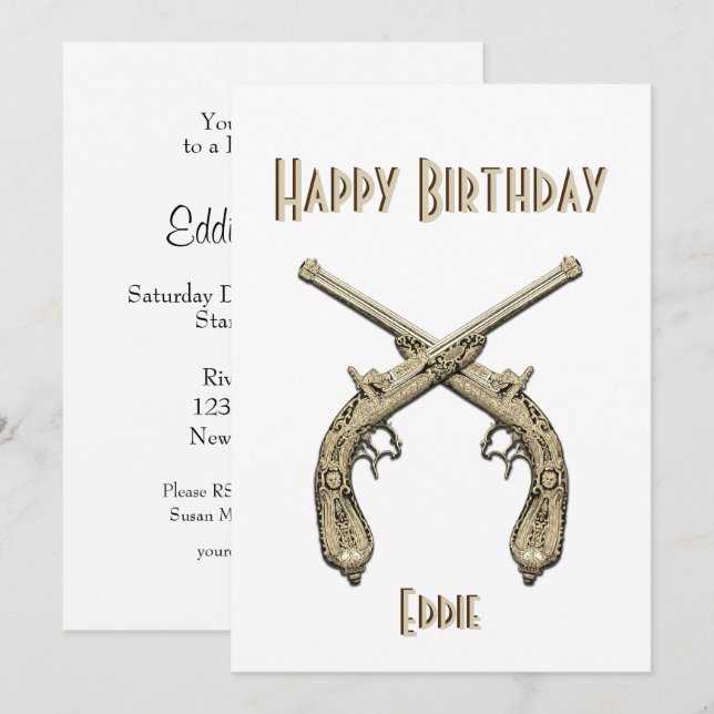 Invitation Gold Crossed Pistols Blue Birthday Party Invitat (Devant / Derrière)