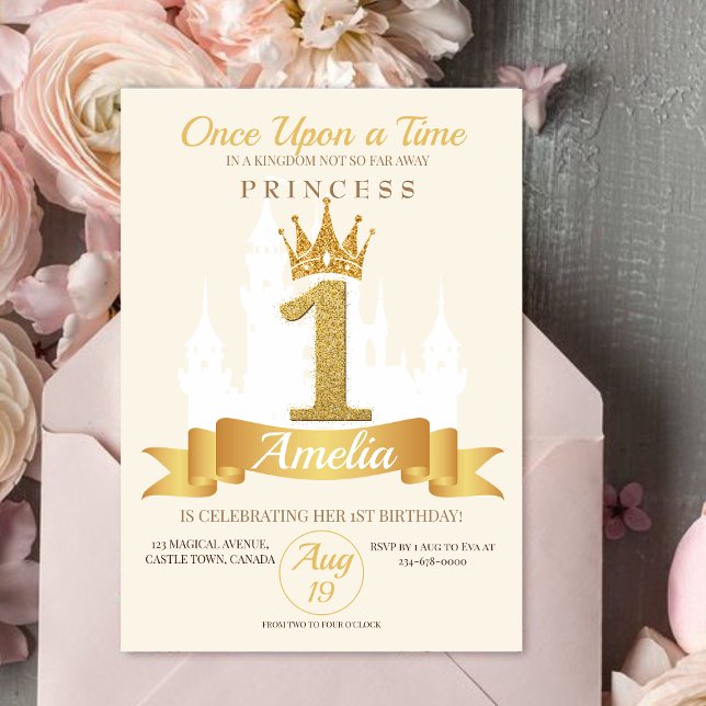 Invitation Gold Crown Castle Kingdom Princesse 1er anniversai (Créateur téléchargé)