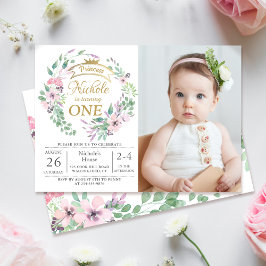 Invitation Gold Crown Princess Floral Girl 1er anniversaire P
