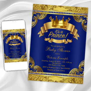 Invitation Gold Crown Royal Blue Fancy Baby shower Prince