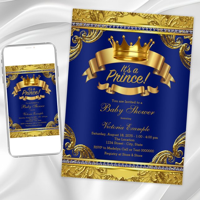 Invitation Gold Crown Royal Blue Fancy Baby shower Prince (Elegant prince baby shower invitation. Digital download and printed invitations available.)