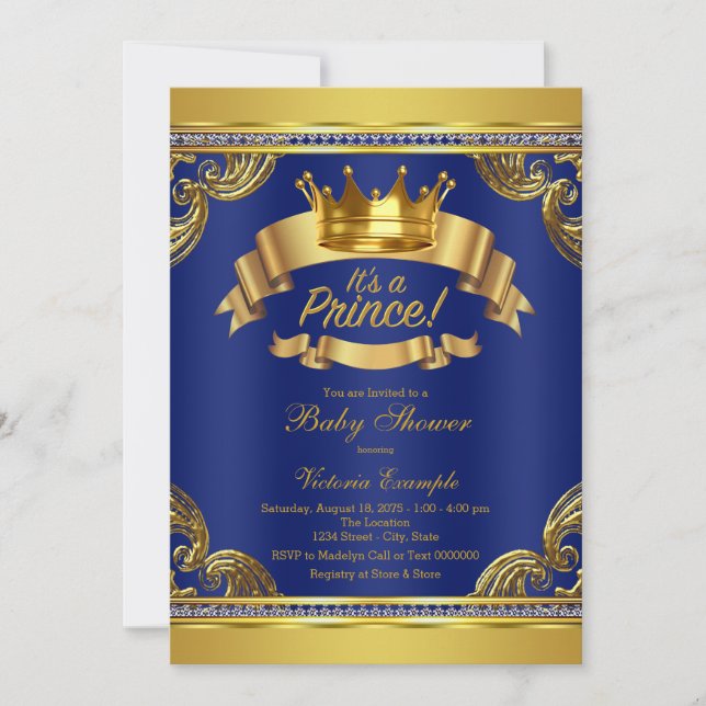 Invitation Gold Crown Royal Blue Prince Baby shower (Devant)
